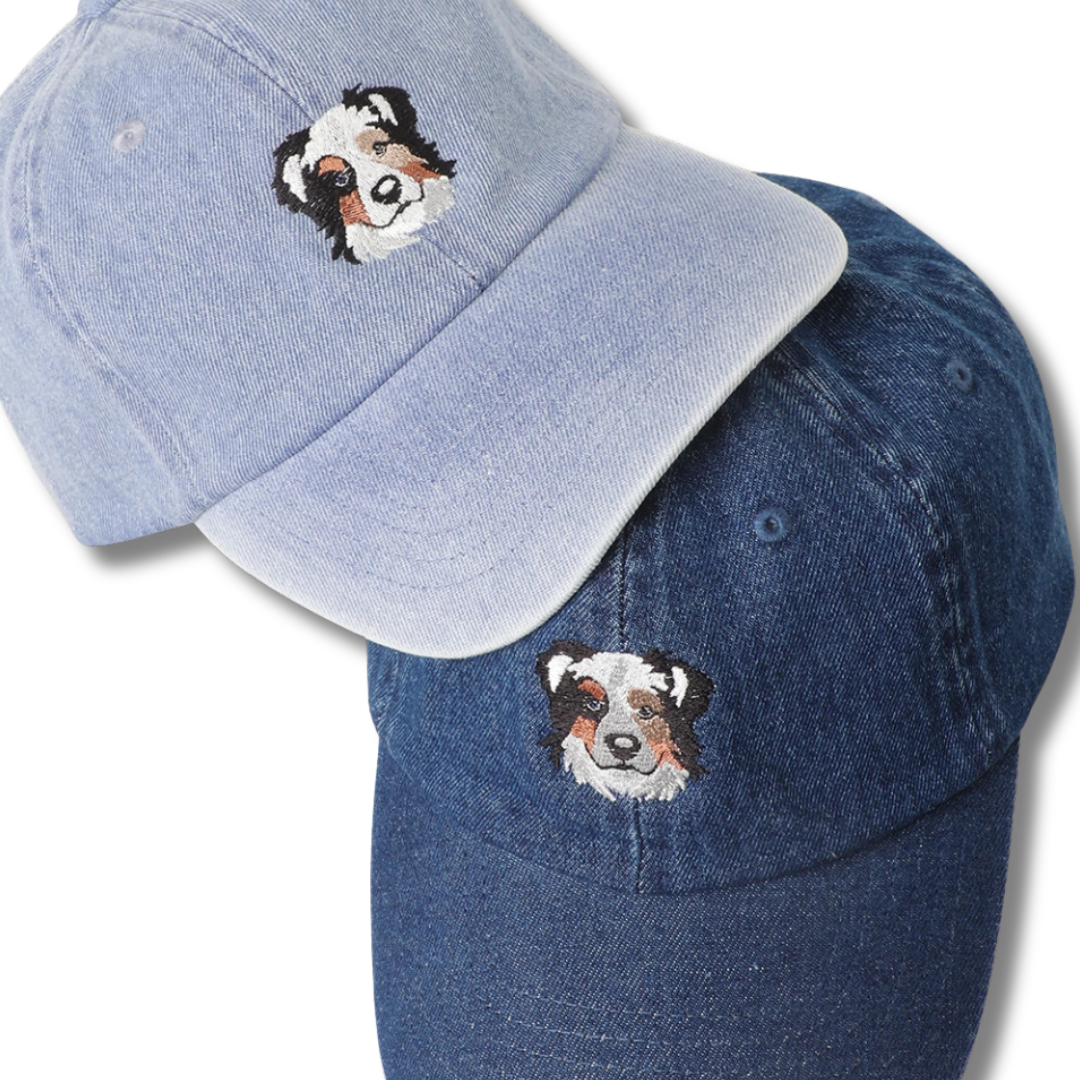 Australian Shepherd Embroidered Dark Blue Denim Baseball Cap