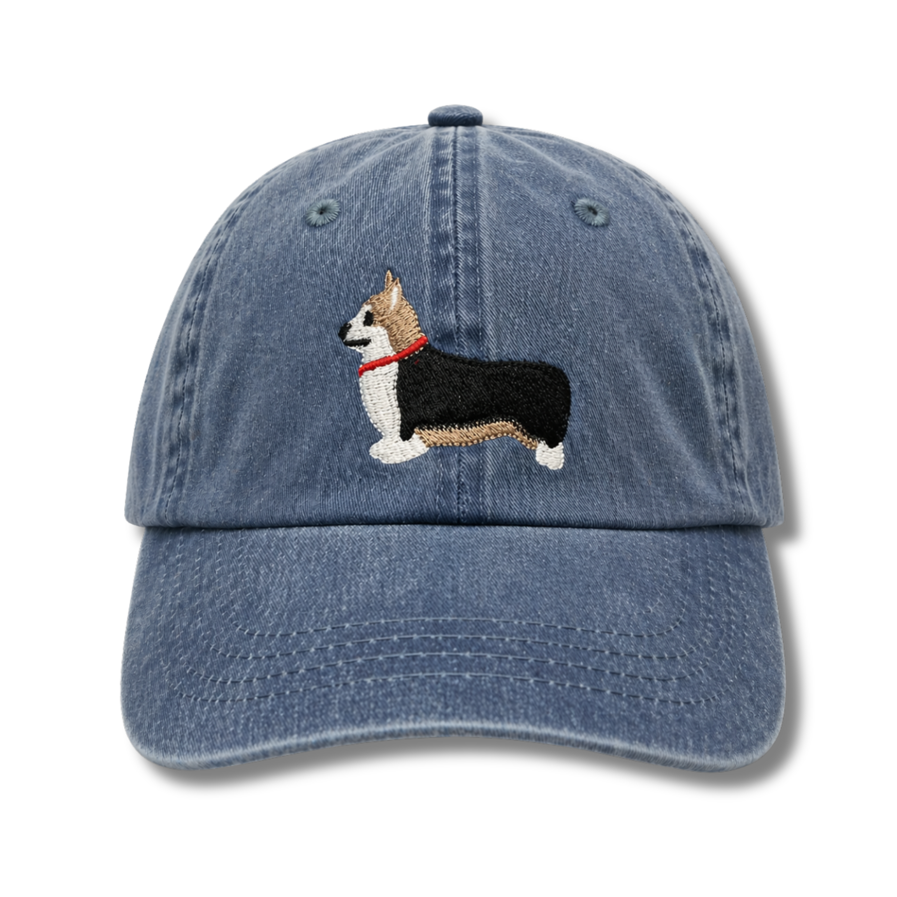 Red-Headed Tricolor Pembroke Corgi Embroidered Denim Baseball Cap