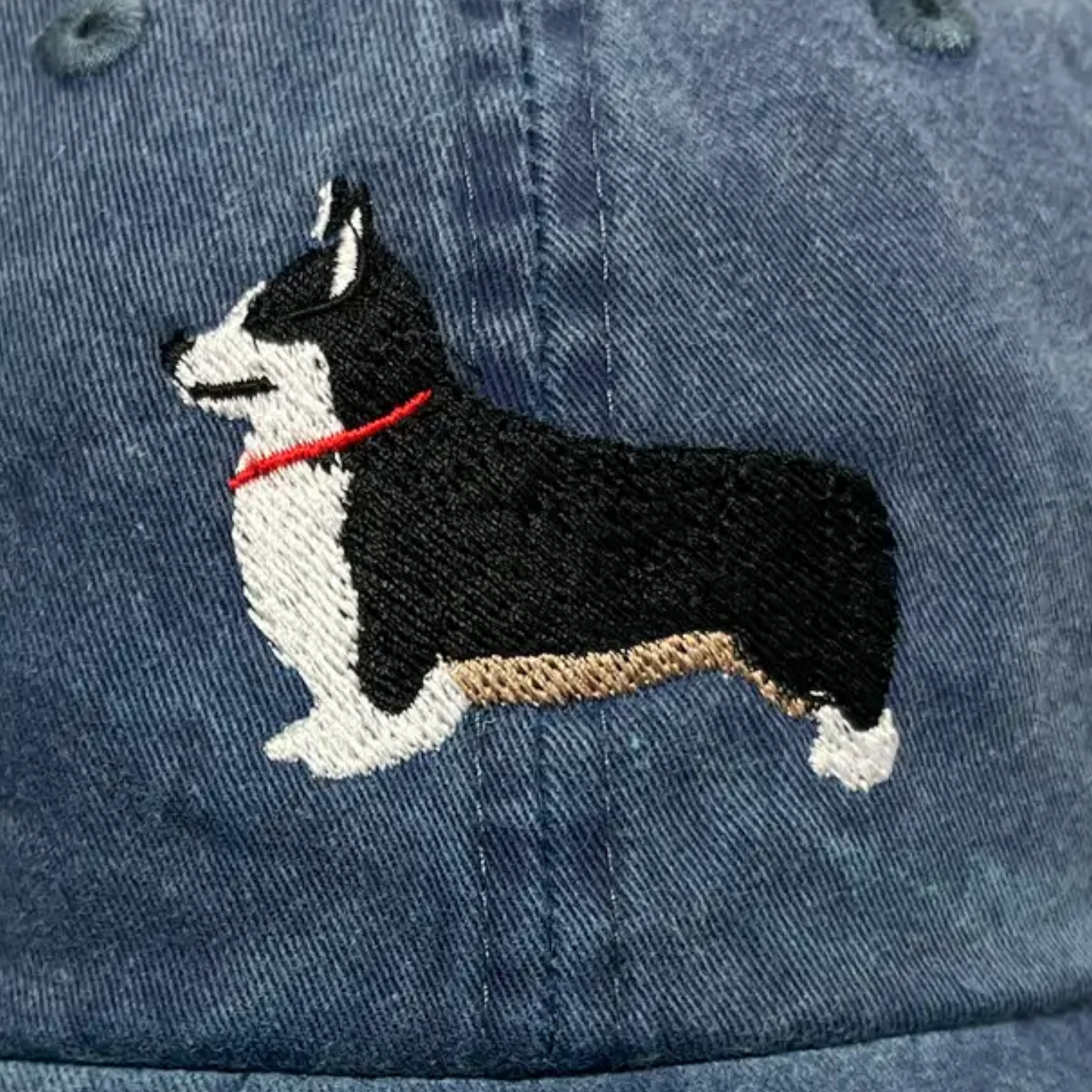 Black-Headed Tricolor Pembroke Corgi Embroidered Denim Baseball Cap