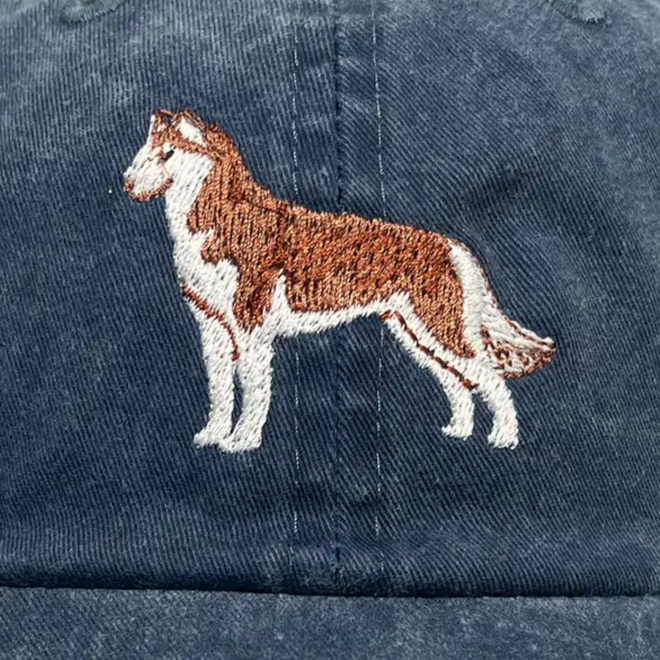 Red and White Siberian Husky Denim Baseball Cap