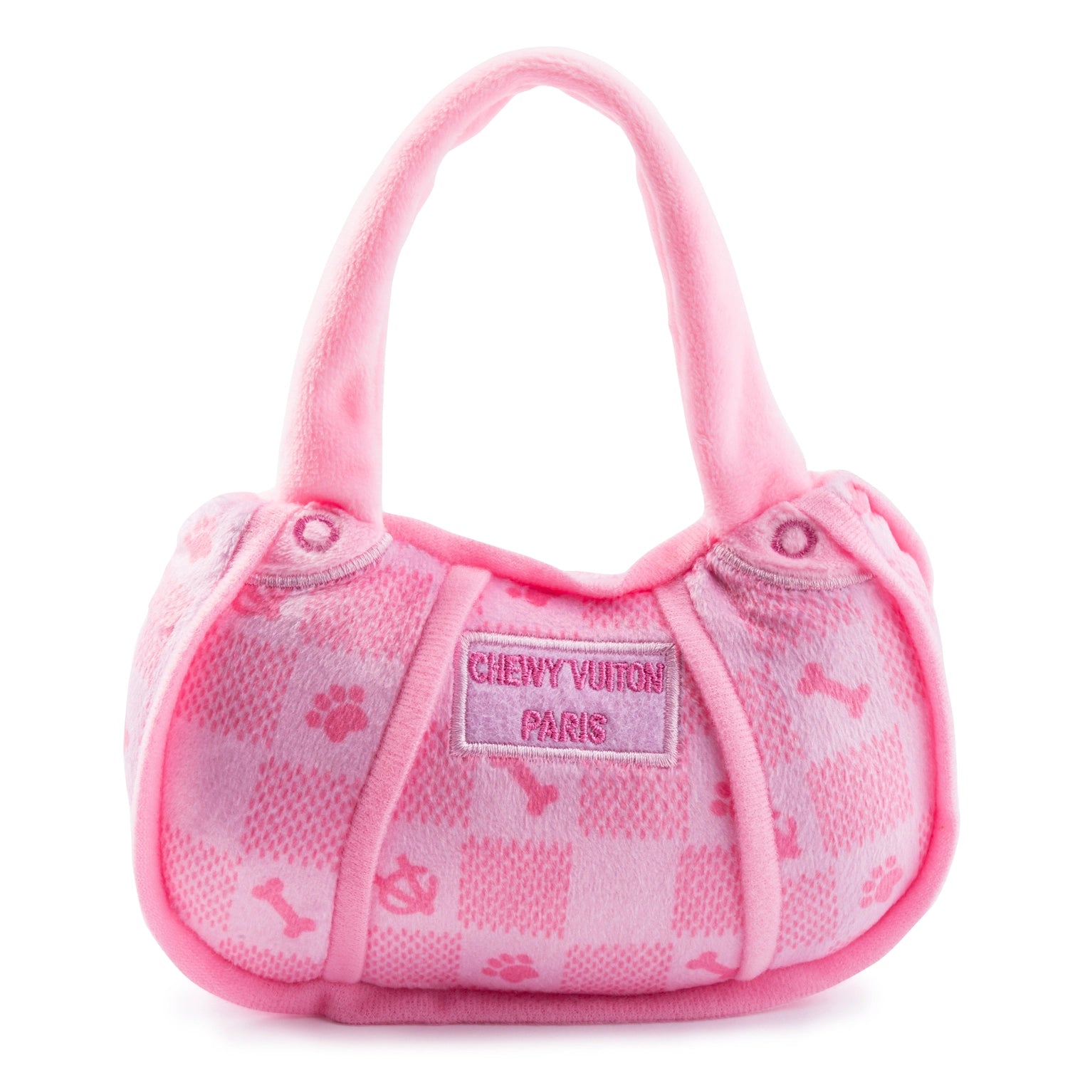 Pink Checker Chewy Vuiton Handbag Squeaker Dog Toy