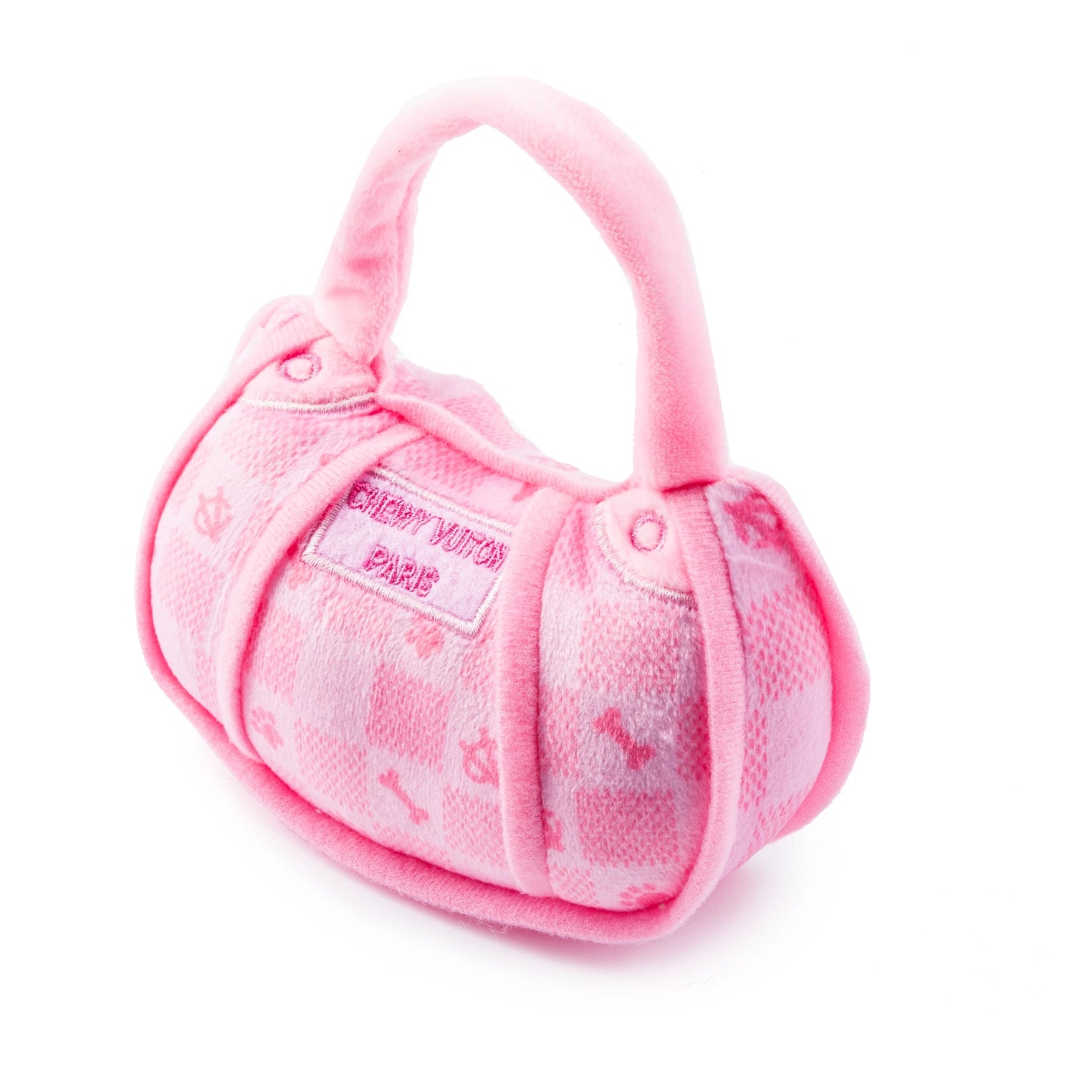 Pink Checker Chewy Vuiton Handbag Squeaker Dog Toy