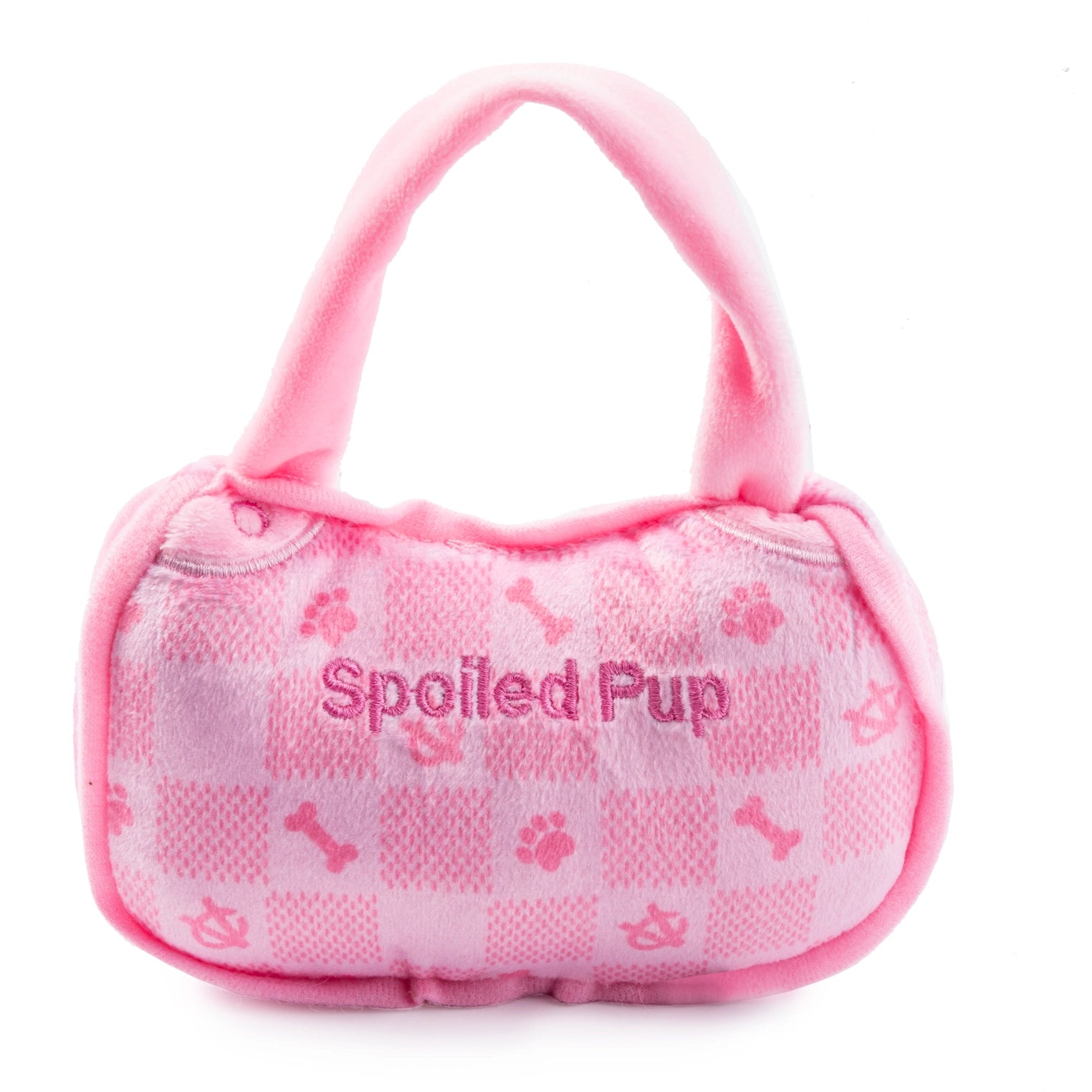 Pink Checker Chewy Vuiton Handbag Squeaker Dog Toy