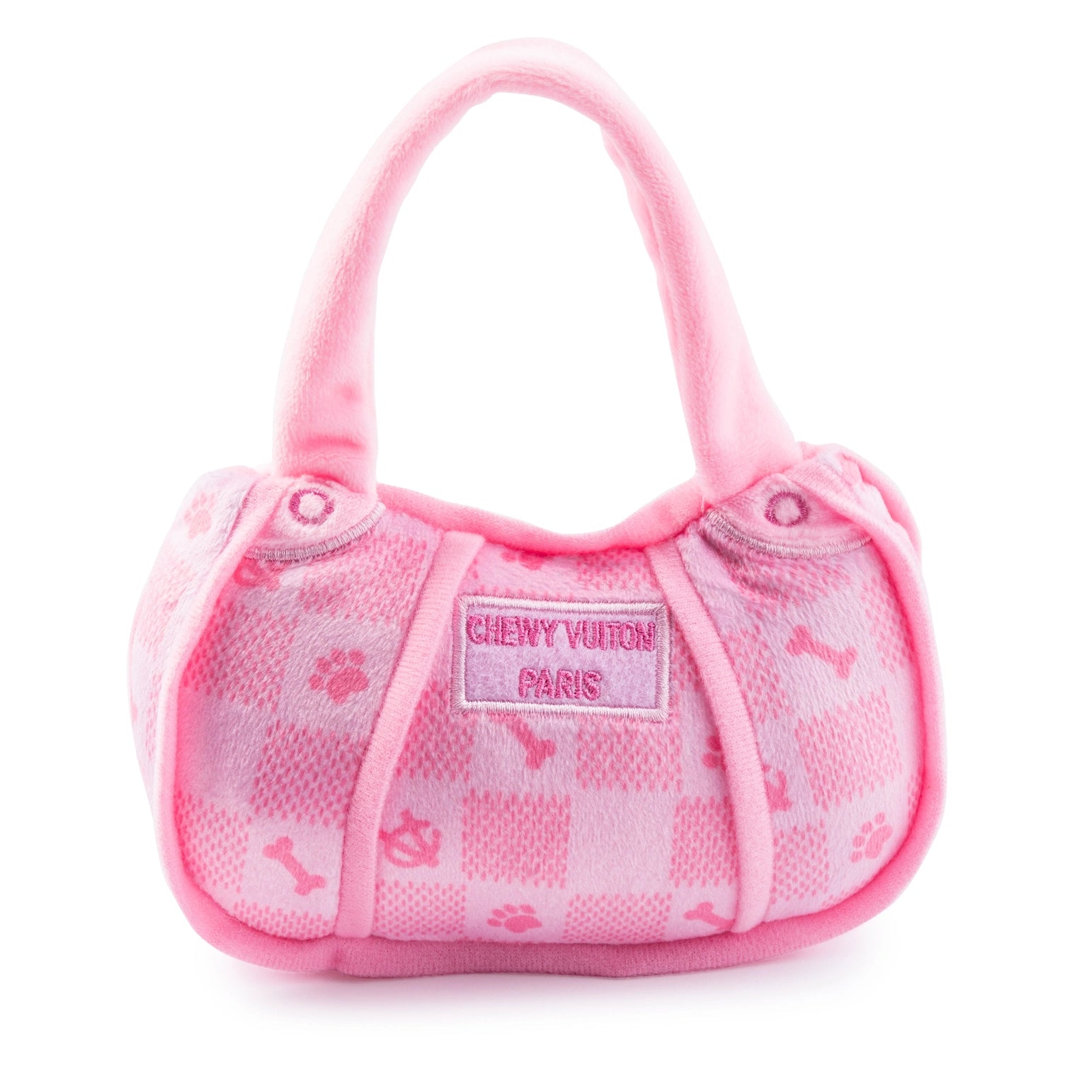Pink Checker Chewy Vuiton Handbag Squeaker Dog Toy