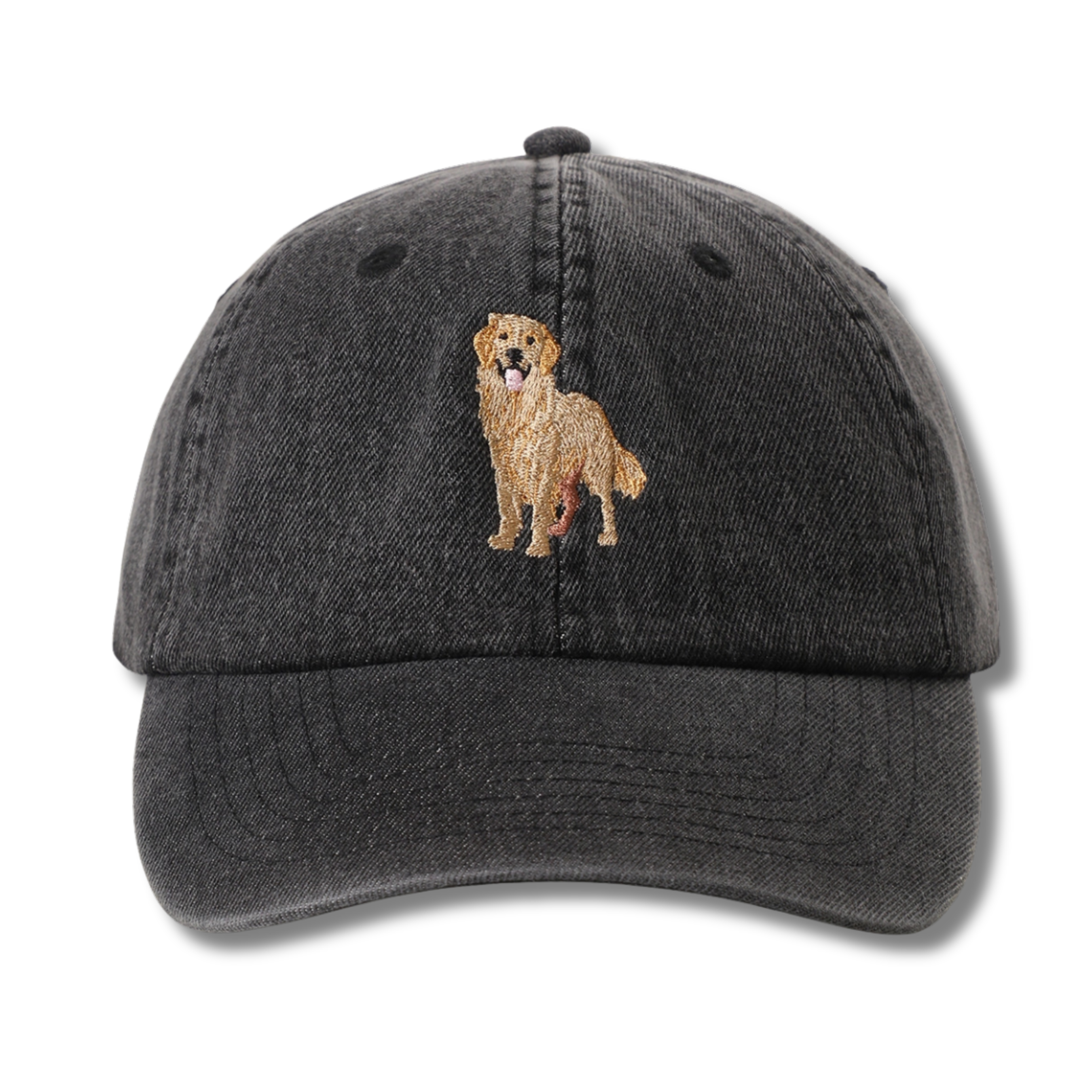 Golden Retriever Embroidered Baseball Hat, Black Denim Cap
