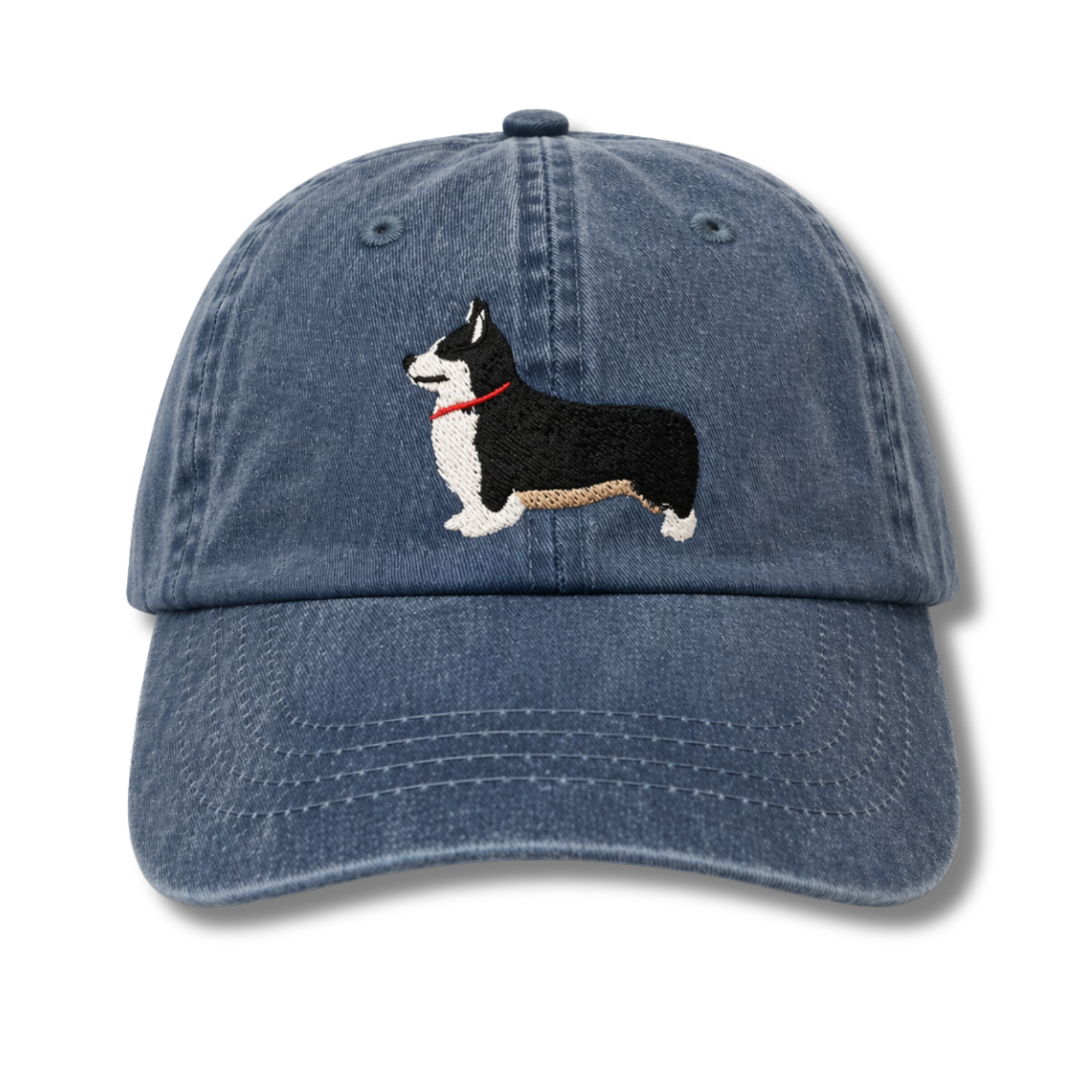Black-Headed Tricolor Pembroke Corgi Embroidered Denim Baseball Cap