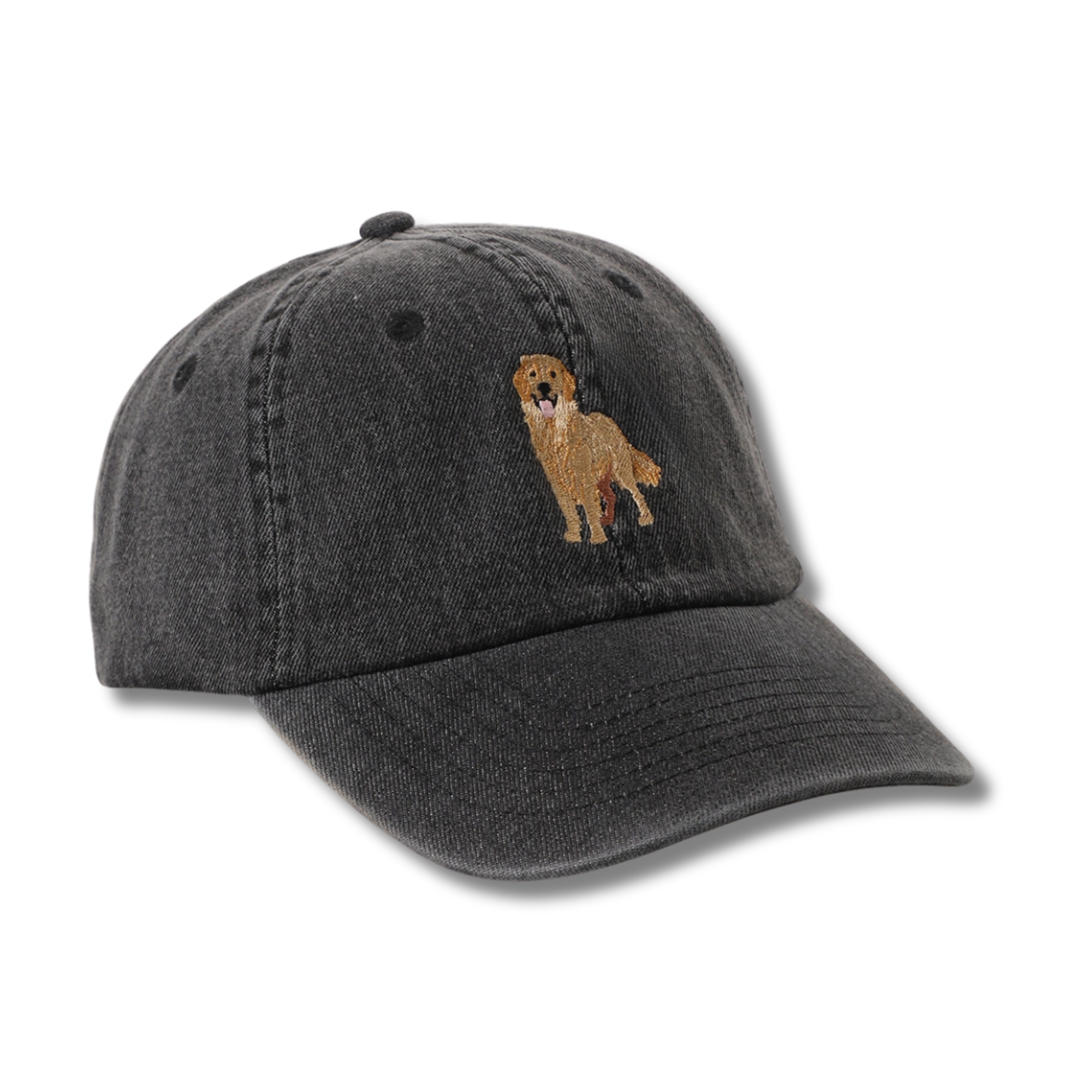 Golden Retriever Embroidered Baseball Hat, Black Denim Cap