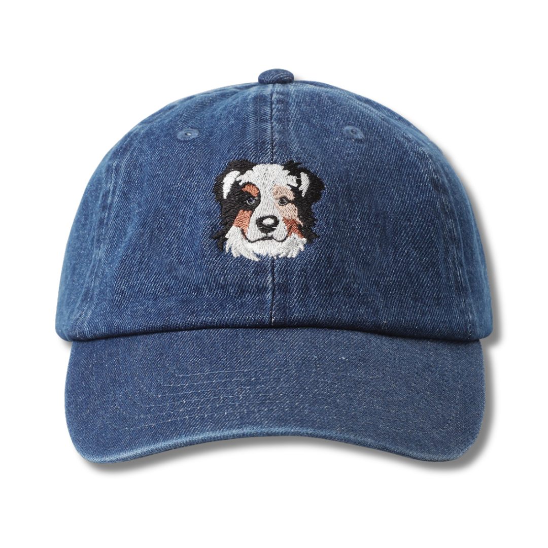 Australian Shepherd Embroidered Dark Blue Denim Baseball Cap