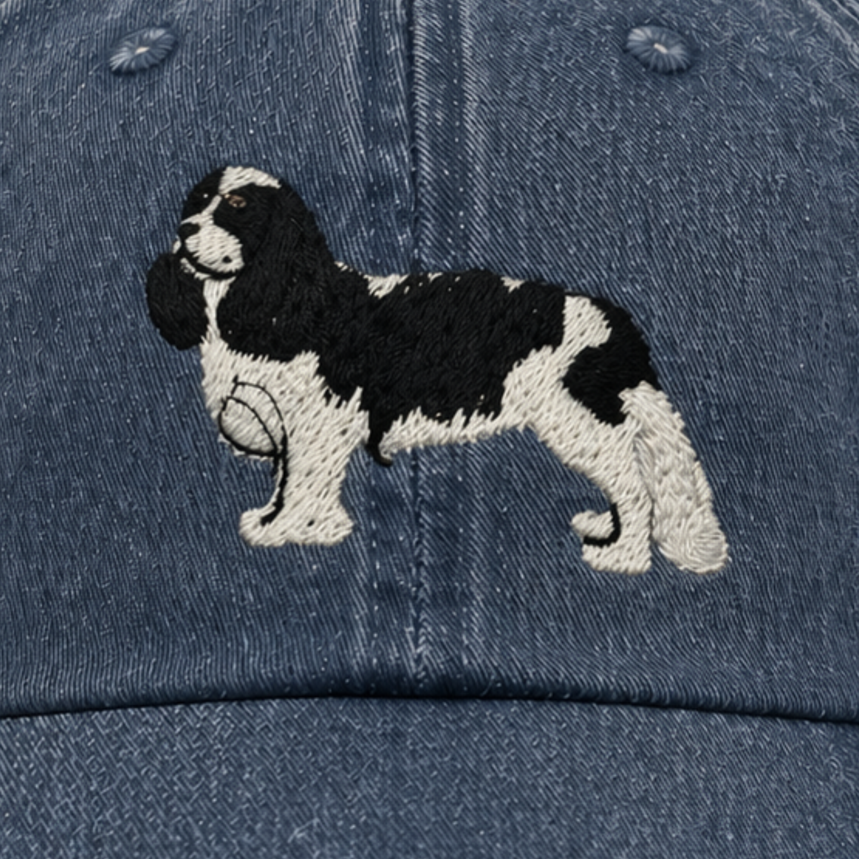 Tri Color King Charles Cavalier Embroidered Denim Baseball Cap