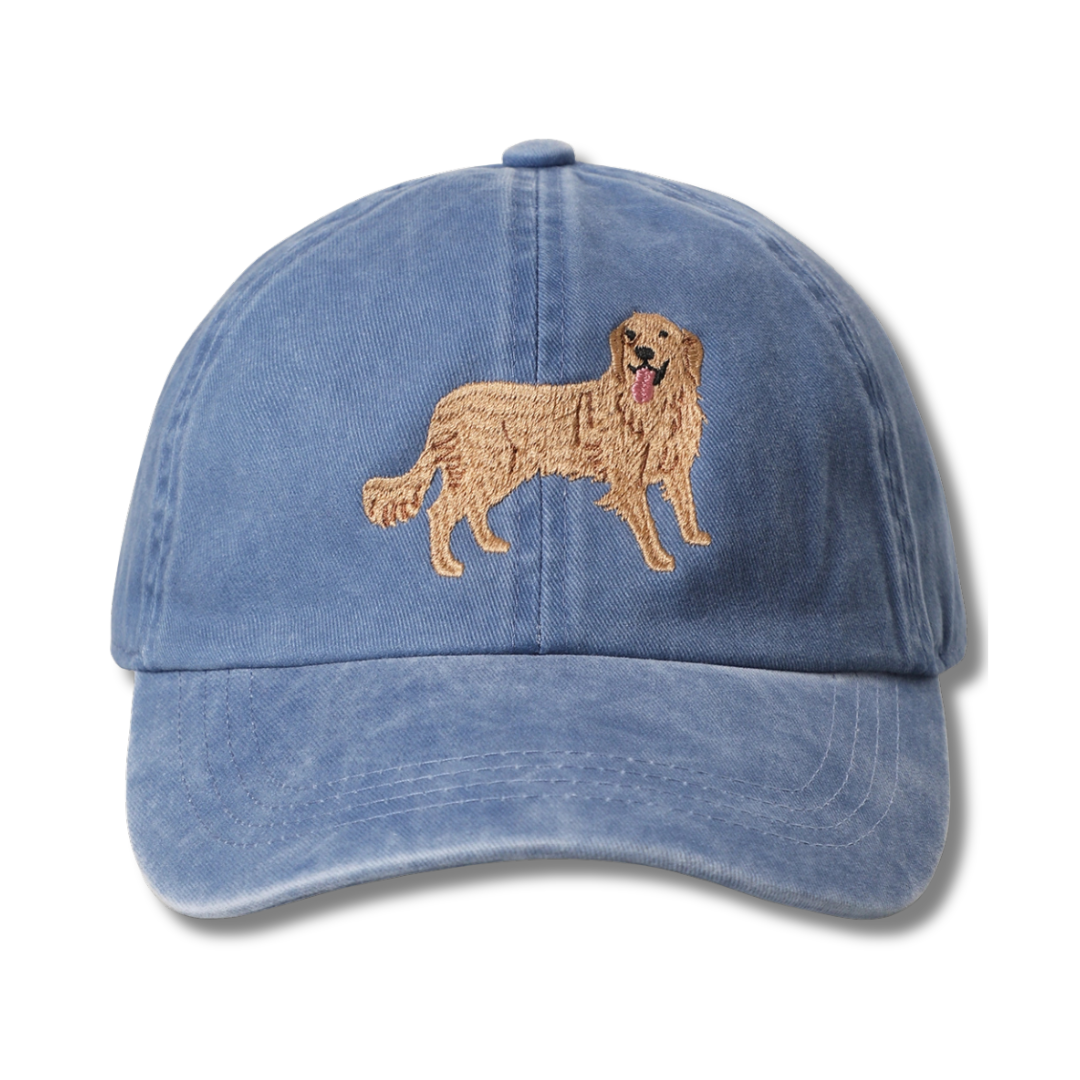 Golden Retriever Dog Embroidered Denim Blue Cotton Baseball Cap