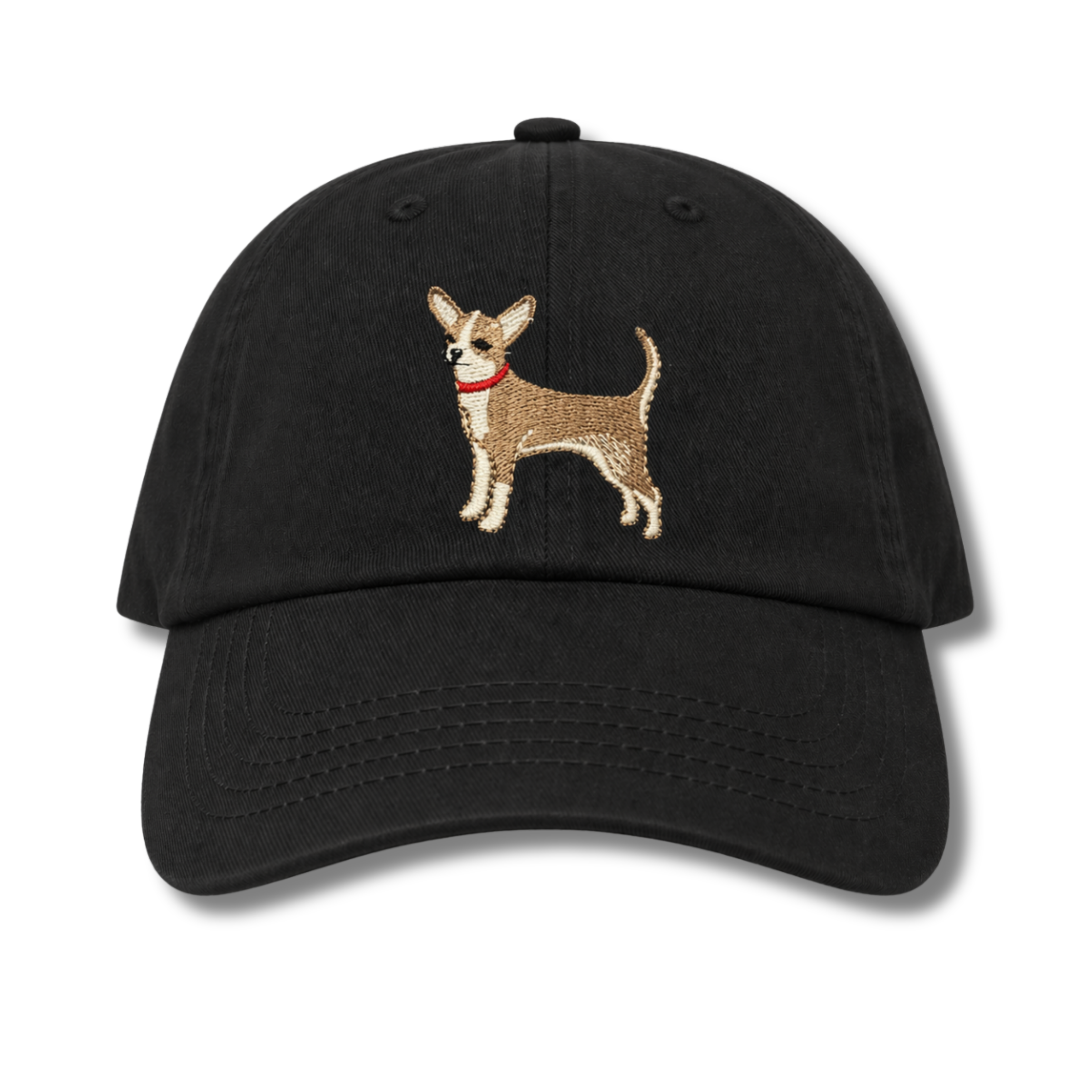 Fawn and White Chihuahua Embroidered Black Baseball Cap